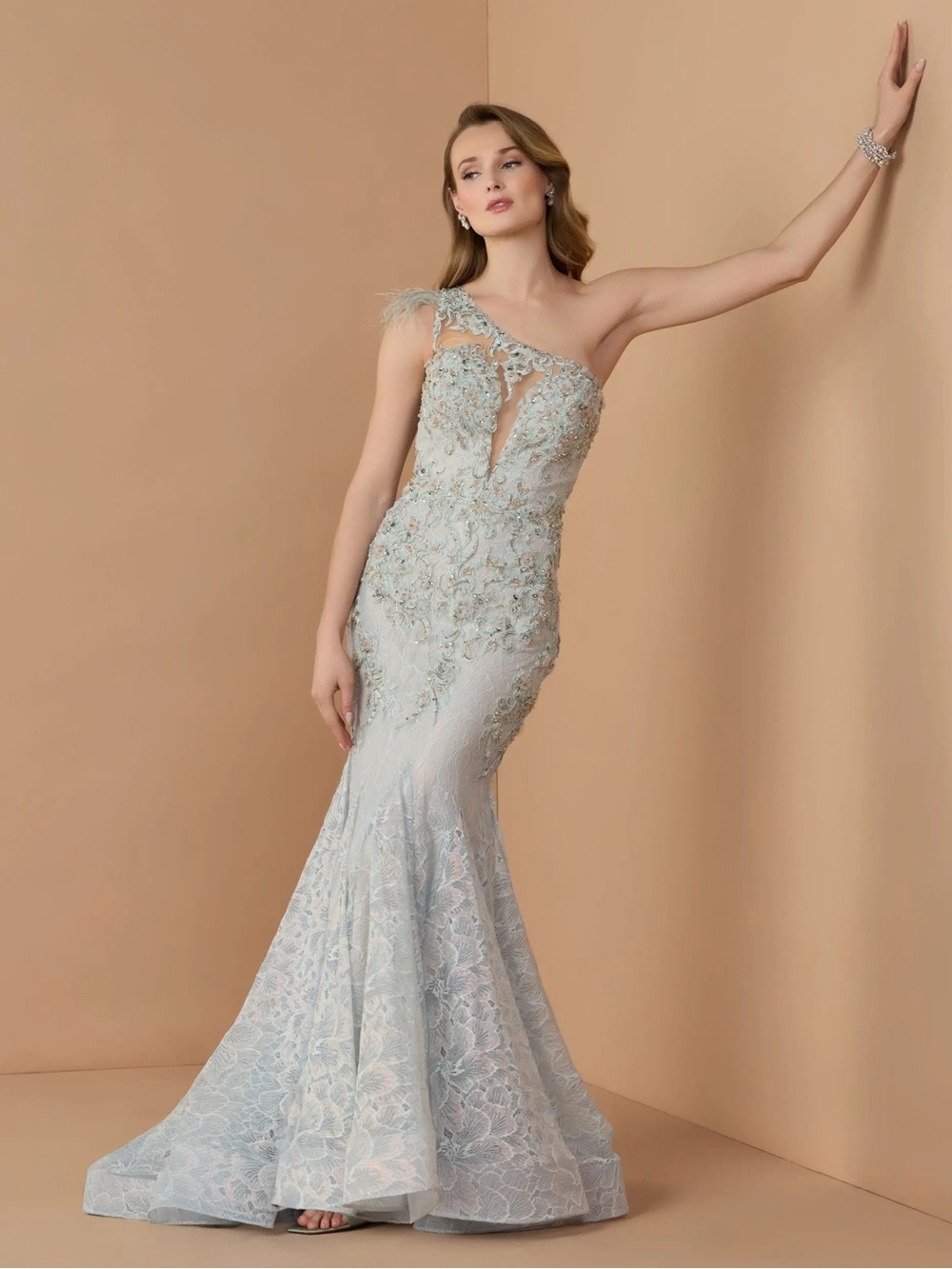 Mac Duggal One-Shoulder Embellished Light Blue Evening Gown